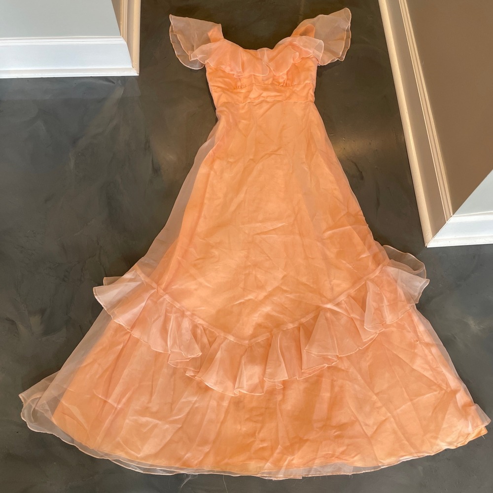 VTG Lorrie Deb San Francisco Peach Organza Ruffle Formal Gown Dress 11/12 FLAW